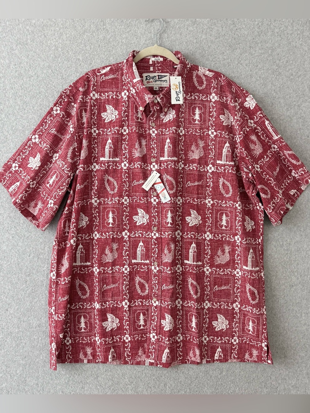 Reyn Spooner Stanford Cardinal Shirt Mens 2XL Red Short Sleeve Button Down NWT